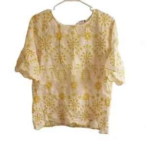 Given Kale White Yellow Floral Cotton Eyelet Embroidered Scalloped Top